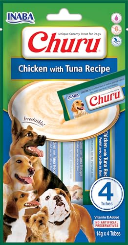 INABA Churu Püree - Hundeleckerlis zum Füttern aus der Hand, Köstlicher Hundesnacks zum Schlecken - Leckerchen in handlichen Portionen, Hühn mit Thunfisch,1 Pack 4x14g von INABA