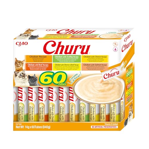 INABA Churu - Katzen-Leckerlies aus Verschiedenen Pürierten Hühnersorten - Katzensnacks - Leckerchen mit Glatter & Cremiger Textur - Tiernahrung - 60 Tuben x 14g von INABA