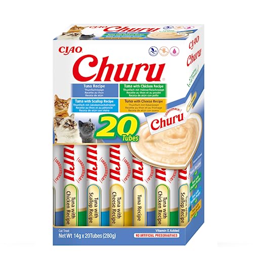 INABA Churu Püree Multipack - Katzen-Leckerli zum Füttern aus der Hand - 20 Tuben: 5X Thunfisch, 5X Thunfisch mit Huhn, 5X Thunfisch mit Jakobsmuschel und 5X Thunfisch mit Käse von INABA