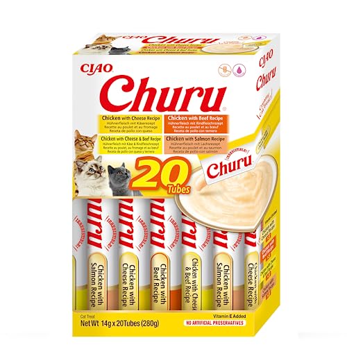 INABA Churu Püree Multipack - Insgesamt 20 Tuben: 5x Huhn mit Käse, 5x Huhn mit Rindfleisch, 5x Huhn mit Käse & Rindfleisch und 5x Huhn mit Lachs von INABA