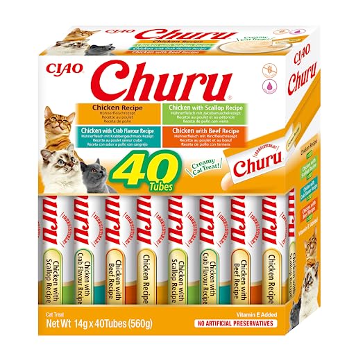 INABA Churu - Katzen-Leckerlies aus 4 Sorten Hühnchen als Püree - Schmackhafte Katzensnacks - Leckerchen mit Glatter & Cremiger Textur - Tiernahrung - 40 Tuben x 14g von INABA