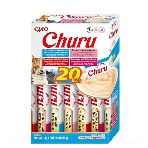 INABA Churu Katzenleckerlis Liquid Snack Variety Box mit Thunfisch & Meeresfrüchte | Getreidefrei, Zuckerfrei, ohne künstliche Aromen | 100% natürliches Fleisch, Premium Katzensnacks aus Japan 20x14g von INABA