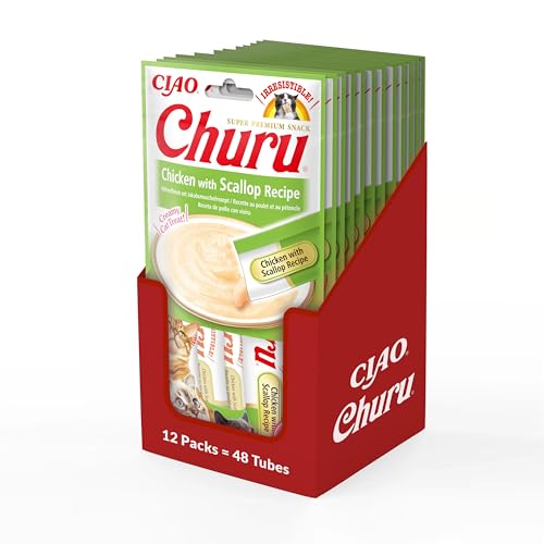 INABA Churu - Pürierte Katzenleckerlis mit Huhn und Jakobsmuschel - Leckere Snacks für Katzen - Glatte und cremige Textur - Katzenfutter - 48 Tuben x 14g von INABA