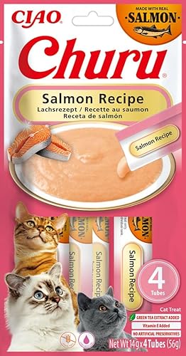 INABA Churu Katzenleckerlis Liquid Snack 88% Feuchtigkeit, Premium Katzensnacks aus Japan mit Lachs 4 x 14 g von INABA