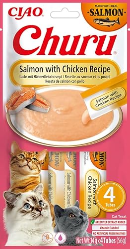 INABA Churu Puree Katzenleckerlis Creamy Snacks, Hochwertige Proteine mit Lachs und Huhn 56 g (1er Pack), Katzensnacks in Premium Qualität von INABA