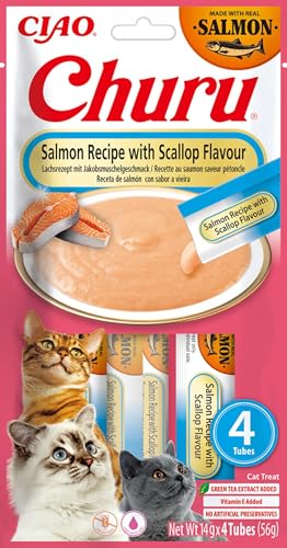 INABA Churu Puree Katzenleckerlis Creamy Snacks, Hochwertige Proteine mit Lachs und Jakobsmuschel 56 g (1er Pack), Katzensnacks in Premium Qualität von INABA