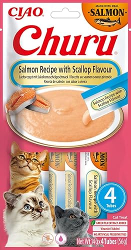 INABA Churu Puree Katzenleckerlis Creamy Snacks, Hochwertige Proteine mit Lachs und Jakobsmuschel 56 g (1er Pack), Katzensnacks in Premium Qualität von INABA