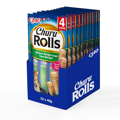 INABA Churu Rolls - Katzen Leckerlie zum Füttern aus der Hand - Köstliche Katzensnacks mit cremiger Füllung - Hühnchen umhüllt mit Thunfisch, 4 Stück (12er Pack) von INABA