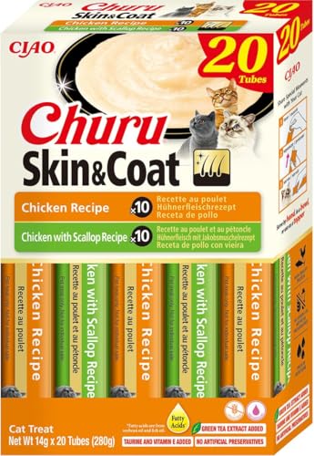 INABA Churu Skin & Coat Cremige Premium Katzenleckerlis mit Omega 3 & 6, Taurine und Vitamin E, Huhn 20 x 14 g von INABA