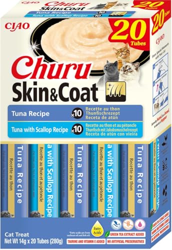 INABA Churu Skin & Coat Cremige Premium Katzenleckerlis mit Omega 3 & 6, Taurine und Vitamin E, Thunfisch 20 x 14 g von INABA