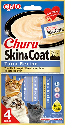 INABA Churu Skin & Coat - Thunfischpüree - Omega 3 & 6 und Taurin - Cremiger Textur - Katzenfutter für Haut & Fell - 4 Tuben x 14g von INABA