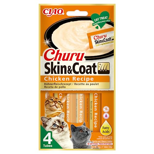 INABA Churu Skin & Coat - Katzenleckerli mit Huhn - Omega 3 & 6 und Taurin - Felinen Snacks, Cremige Textur - Katzenfutter, Haut & Fell - 4 Tuben x 14g von INABA