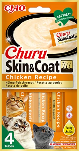 INABA Churu Skin & Coat - Katzenleckerli mit Huhn - Omega 3 & 6 und Taurin - Felinen-Snacks, Cremige Textur - Katzenfutter, Haut & Fell - 4 Tuben x 14g von INABA