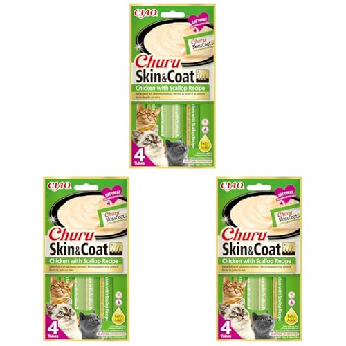 INABA Churu Skin & Coat - Pürierter Huhn und Jakobsmuschel - Omega 3 & 6 und Taurin - Cremiger - Katzenfutter für Haut & Fell - 4 Tuben x 14g (Packung mit 3) von INABA