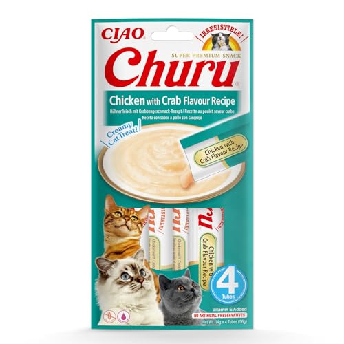 INABA Churu Püree Katzen-Leckerli - Katzenpaste zum Füttern aus der Hand - Köstliche Katzensnacks zum Schlcken - Katzensticks mit Hühnchen und Krabben - 4 Tuben x 14g von INABA