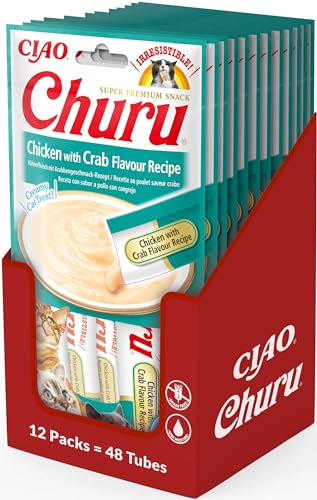 INABA Churu - Katzenleckerli mit Huhn und Krabbe - Leckerer Snack für Katzen - Glatte und cremige Textur - Katzenfutter - 48 Tuben x 14g von INABA