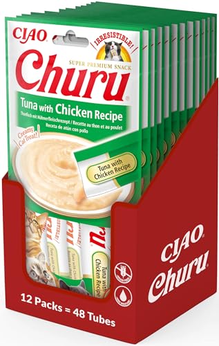 INABA Churu - Katzenleckerlis mit Thunfisch- und Hühnerfleischpüree - Köstliche Snacks für Katzen - Glatte und cremige Textur - Katzenfutter - 48 Tuben x 14g von INABA