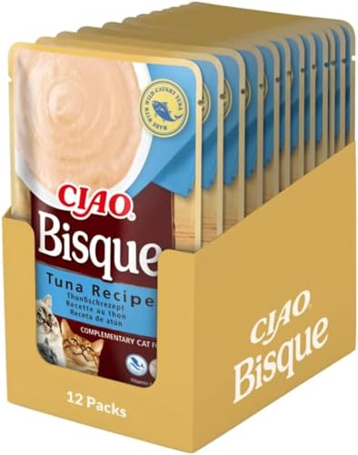 INABA Ciao Bisque Katzenfutter Nass 86% Feuchtigkeit und Vitamin E, Premium Katzensuppe mit Thunfisch 40 g (12er Pack), 100% natürliches Fleisch, Getreidefrei, Zuckerfrei von INABA