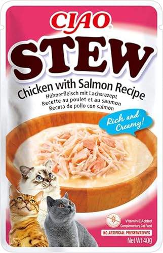 INABA Ciao Stew Katzensnacks 86% Feuchtigkeit und Vitamin E, Cremige Premium Katzenleckerlis mit Huhn & Lachs 40 g (1er Pack), Leckere Ergänzung für Nass- und Trockenfutter von INABA