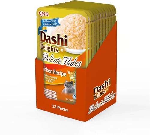 INABA Dashi Delights Delicate Flakes Katzenfutter nass, Huhn 40 g (12er Pack), Premium Katzen Leckerlies in Sauce von INABA