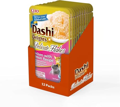 INABA Dashi Delights Delicate Flakes Katzenfutter nass, Huhn mit Lachs 40 g (12er Pack), Premium Katzen Leckerlies in Sauce von INABA