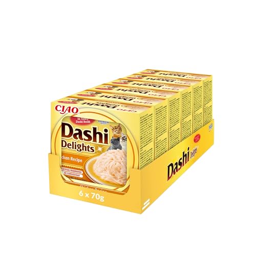 INABA Dashi Delights Katzenleckerlis 100% Natürliches Hähnchenfleisch | Getreidefrei, Zuckerfrei, ohne künstliche Aromen, 86% Feuchtigkeit | Premium Katzen Leckerlies in Brühe 70 g (6er Pack) von INABA