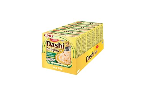 INABA Dashi Delights Katzenleckerlis 100% Natürliches Hähnchenfleisch | Getreidefrei, Zuckerfrei, ohne künstliche Aromen, 86% Feuchtigkeit | Premium Katzen Leckerlies in Brühe 70 g (6er Pack) von INABA