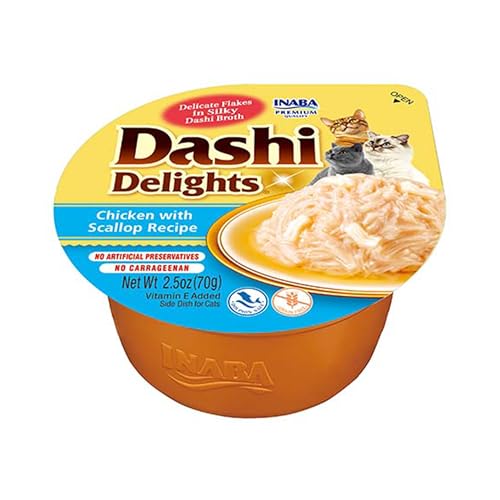 INABA Dashi Delights Katzenfutter nass, zarte Stückchen in Sauce mit Huhn & Jakobsmuschel (1 x 70g), Hochwertiges Nassfutter für Katzen von INABA