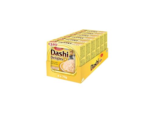 INABA Dashi Delights Katzenleckerlis 100% Natürliches Hähnchenfleisch | Getreidefrei, Zuckerfrei, ohne künstliche Aromen, 86% Feuchtigkeit | Premium Katzen Leckerlies in Brühe 70 g (6er Pack) von INABA