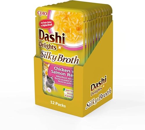INABA Dashi Delights Silky Broth Katzenfutter nass, Huhn mit Lachs 40 g (12er Pack), Premium Katzen Leckerlies in Sauce von INABA