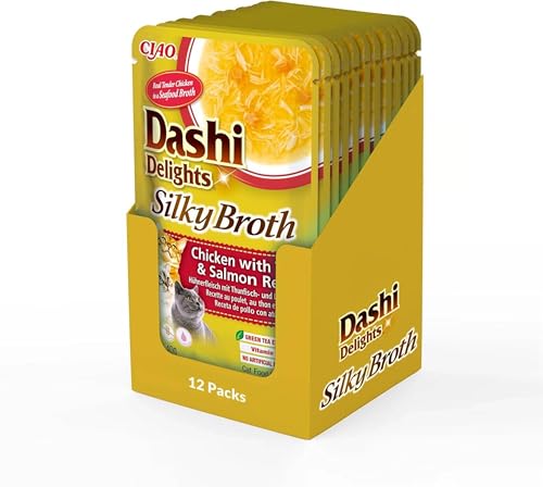 INABA Dashi Delights Silky Broth Katzenfutter nass, Huhn mit Thunfisch und Lachs 40 g (12er Pack), Premium Katzen Leckerlies in Sauce von INABA