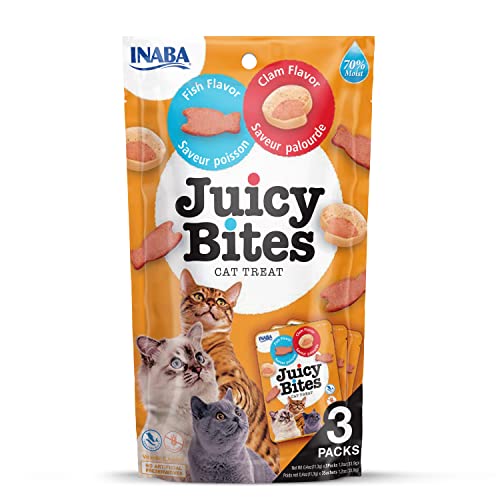 INABA Juicy Bites Katzen Leckerlie - Knabbertaschen mit saftigem Kern in lustigen Formen - Fisch und Venusmuschel von INABA