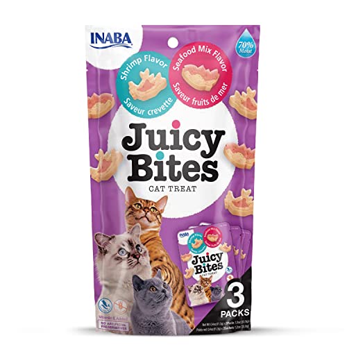 INABA Juicy Bites Katzen-Leckerlies - Knabbertaschen mit Saftigem Kern in Lustigen Formen - Mundgerechte Katzensnacks in 2 Geschmacksrichtungen - Garnelen und Meeresfrüchte 3x11g von INABA