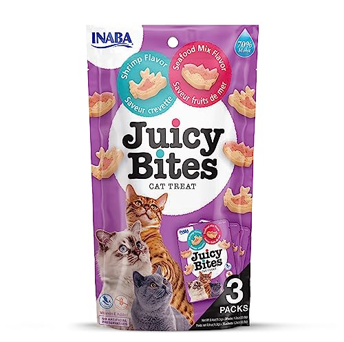 INABA Juicy Bites Katzen-Leckerlies - Knabbertaschen mit Saftigem Kern in Lustigen Formen - Mundgerechte Katzensnacks in 2 Geschmacksrichtungen - Garnelen und Meeresfrüchte 3x11g von INABA