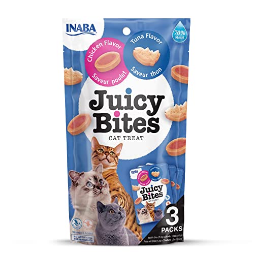 INABA Juicy Bites Katzen-Leckerlies - Knabbertaschen mit Saftigem Kern in Lustigen Formen - Mundgerechte Katzensnacks in 2 Geschmacksrichtungen - Huhn & Thunfisch 3x11g von INABA