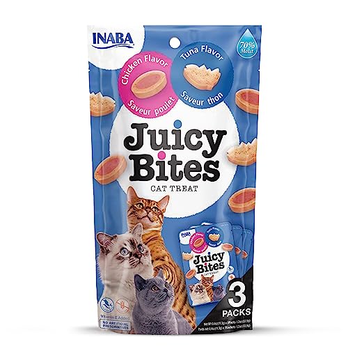 INABA Juicy Bites Katzen-Leckerlies - Knabbertaschen mit Saftigem Kern in Lustigen Formen - Mundgerechte Katzensnacks in 2 Geschmacksrichtungen - Huhn & Thunfisch 3x11g von INABA