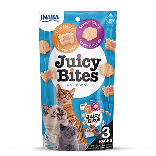 INABA Juicy Bites Katzenleckerlies - Knabbertaschen mit Saftigem Kern in Lustigen Formen - Mundgerechte Katzensnacks in 2 Geschmacksrichtungen, Krabben & Jakobsmuscheln 3x11g von INABA