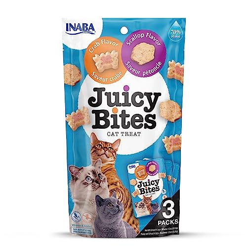 INABA Juicy Bites Katzenleckerlies - Knabbertaschen mit Saftigem Kern in Lustigen Formen - Mundgerechte Katzensnacks in 2 Geschmacksrichtungen, Krabben & Jakobsmuscheln 3 Beutel x11g von INABA