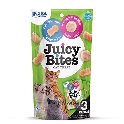 INABA Juicy Bites Katzenleckerlies, Knabbertaschen mit Saftigem Kern in Lustigen Formen, Mundgerechte Katzensnacks, Tintenfisch & Hausmanns-Brühe, 3x11g Packung von INABA