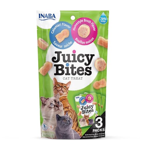 INABA Juicy Bites Katzenleckerlies, Knabbertaschen mit Saftigem Kern in Lustigen Formen, Mundgerechte Katzensnacks, Tintenfisch & Hausmanns-Brühe, 3x11g Packung von INABA