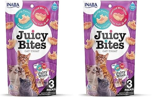 INABA Juicy Bites Katzen-Leckerlies - Knabbertaschen mit Saftigem Kern in Lustigen Formen - Mundgerechte Katzensnacks in 2 Geschmacksrichtungen - Garnelen und Meeresfrüchte 3 Beutel x11g von INABA