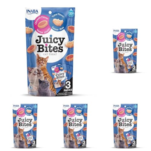 INABA Juicy Bites Katzen-Leckerlies - Knabbertaschen mit Saftigem Kern in Lustigen Formen - Mundgerechte Katzensnacks in 2 Geschmacksrichtungen - Huhn & Thunfisch 3x11g (Packung mit 5) von INABA