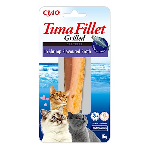 INABA Tuna Fillet Grilled - Katzen-Leckerlies aus Thunfischfilet - Aromatisierte Crevetten-Brühe - Katzensnack mit Antioxydantien - Tiernahrung - 1 Filet x 15g von INABA