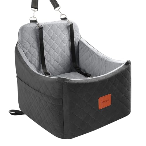 INDYBUD Hundeerhöhung Autositz für Hunde bis zu 15,9 kg, Sicherheits-Haustiersitz mit Sicherheitsgurtk, ultraweicher Stoff mit Memory-Schaum, waschbar und abnehmbar (Schwarz/Grau, Medium) von INDYBUD