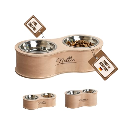 INEXTERIOR FutterBar Curve – Futterstation aus Holz für mittelgroße und große Hunde – modernes rundes Design – Näpfe aus Edelstahl - PERSONALISIERBAR (M) von INEXTERIOR