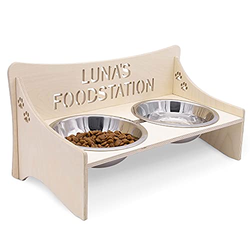 INEXTERIOR Futterbar für Hunde und Katzen – Personalisierbar – aus Holz – Schwarz, Grau, Natur – Groß und Klein – Futternapf aus Metall (Groß, Natur) von INEXTERIOR