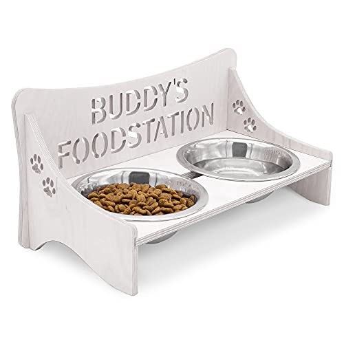 INEXTERIOR Futterbar für Hunde und Katzen – Personalisierbar – aus Holz – Schwarz, Grau, Natur – Groß und Klein – Futternapf aus Metall (Klein, Grau) von INEXTERIOR