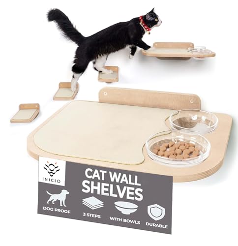 Katzen-Wandregale - Einzigartige Katzenwandmöbel aus Birke - Katzenregal und 3 Katzenwandstufen enthalten - Katzenfutterregal mit Glasschalen - Einfach zu installierende Katzenregale für Wand Katzen-Wandregale - Einzigartige Katzenwandmöbel aus Birke - Katzenregal und 3 Katzenwandstufen enthalten - Katzenfutterregal mit Glasschalen - Einfach zu installierende Katzenregale für Wand von INICIO