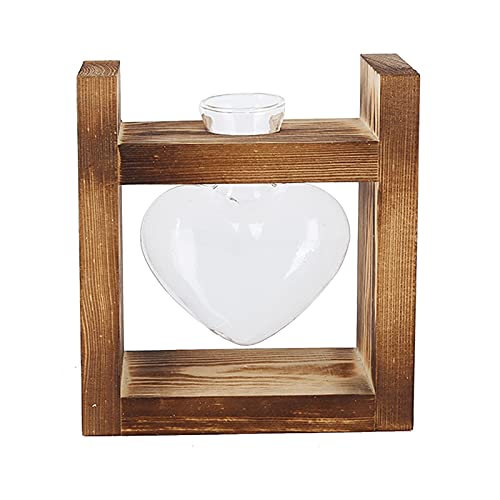 INIFLM Pflanzenterrarium mit Holzständer, Desktop-Pflanzenvermehrungsstation aus Glas, Innovativer Blumentopf mit Vintage-Holzrahmen, Tischvase für Hydrokultur-Haus(Retro-Box + 1 Herzflasche) von INIFLM