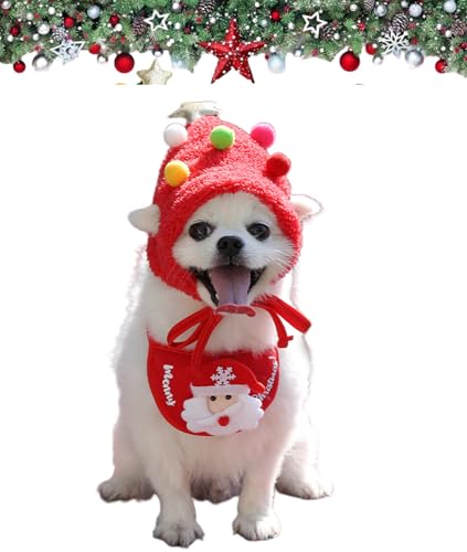 INLANDSIS Entzückende Weihnachtsbaum-Bommelmütze, verstellbare Weihnachtsmann-Rentier-Weihnachtsbaum-Kopfbedeckung für Haustiere mit Stern und Pompons (rotes Set, Größe M) von INLANDSIS